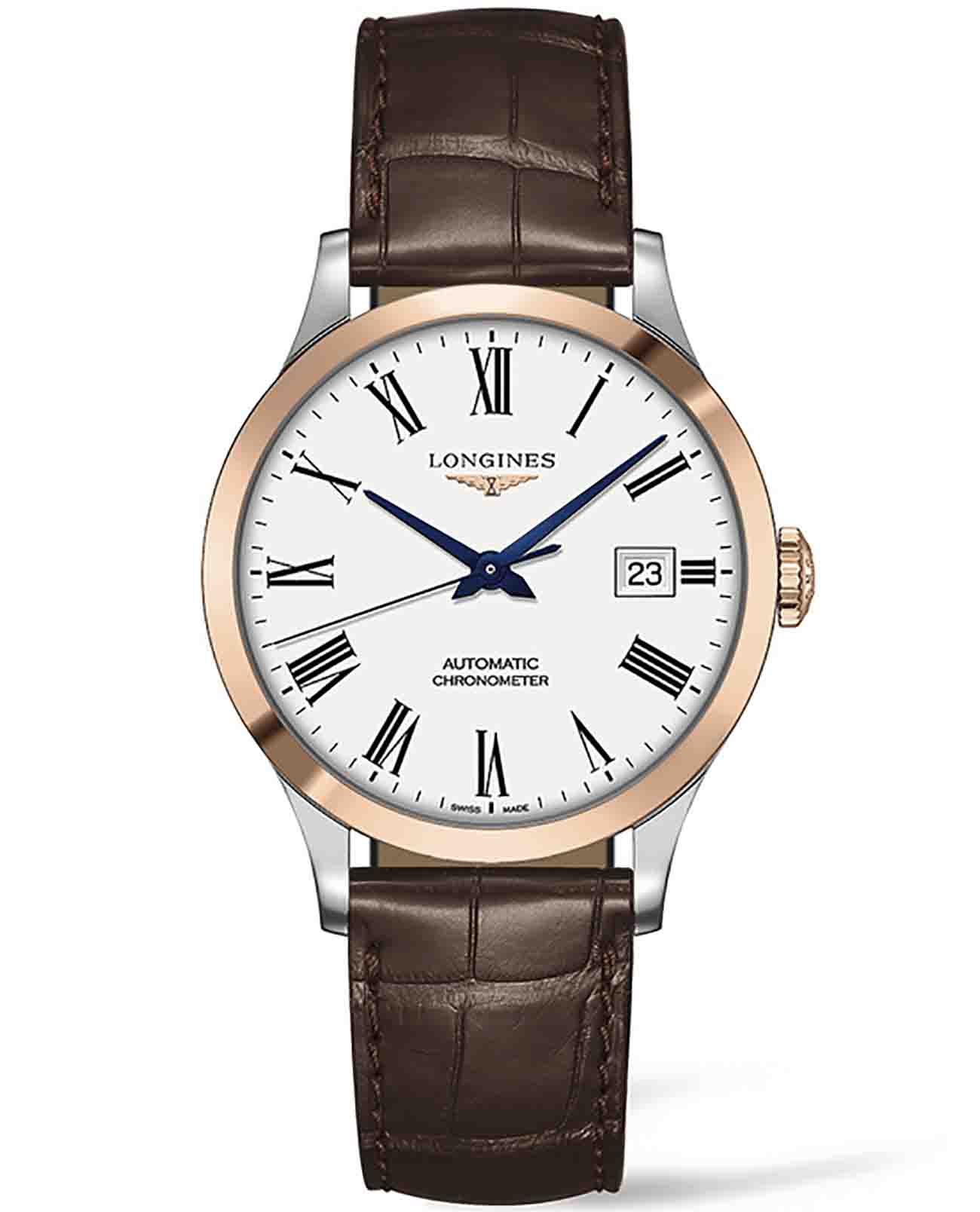 Longines Longines Record Collection L2.820.8.11.2  L28208112 механические мужские часы белый циферблат, браслет кожаный — вид спереди